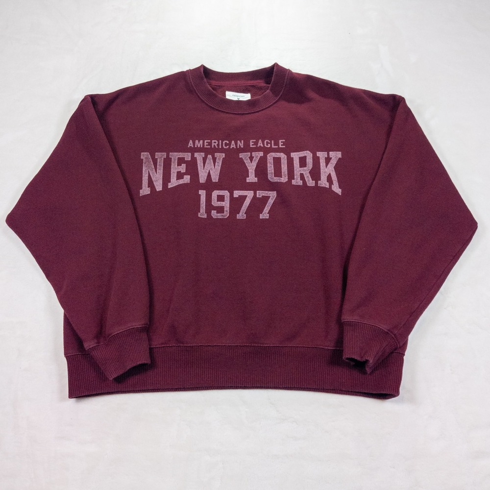 American Eagle Sweatshirt Women M Maroon New York Print Oversized Downtown Girl